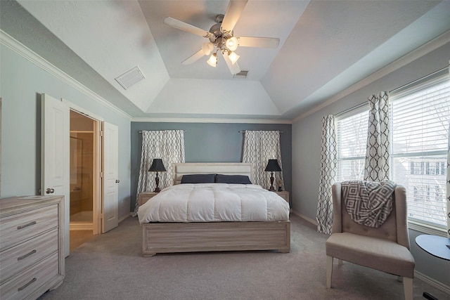 bedroom featuring ornamental molding, light colored carpet, and visible vents