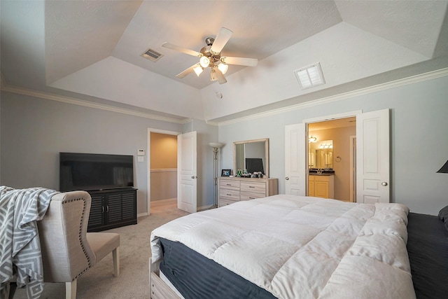 bedroom featuring a raised ceiling, light colored carpet, crown molding, and visible vents