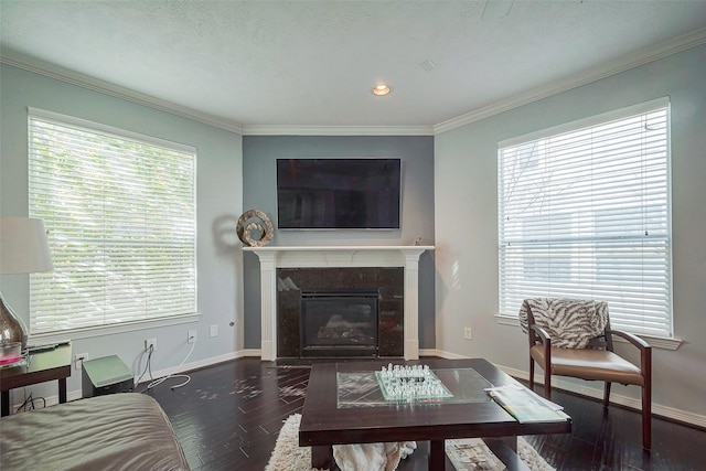 living room featuring plenty of natural light, baseboards, and wood finished floors