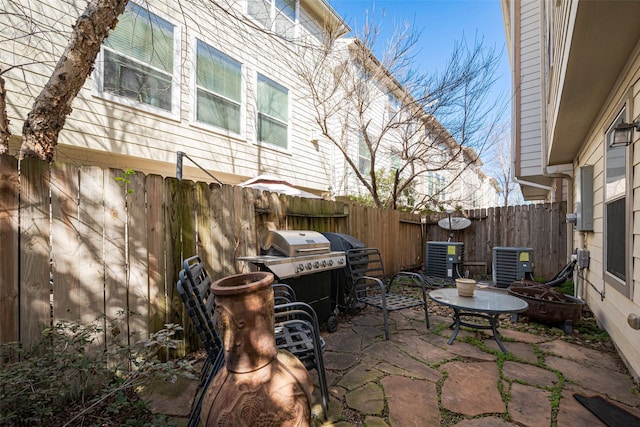 view of patio / terrace with central air condition unit, a fenced backyard, and area for grilling