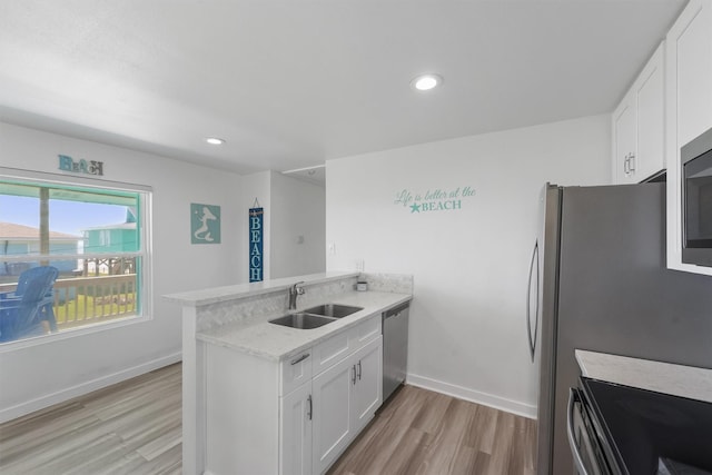 kitchen featuring stainless steel appliances, white cabinetry, a sink, and a peninsula