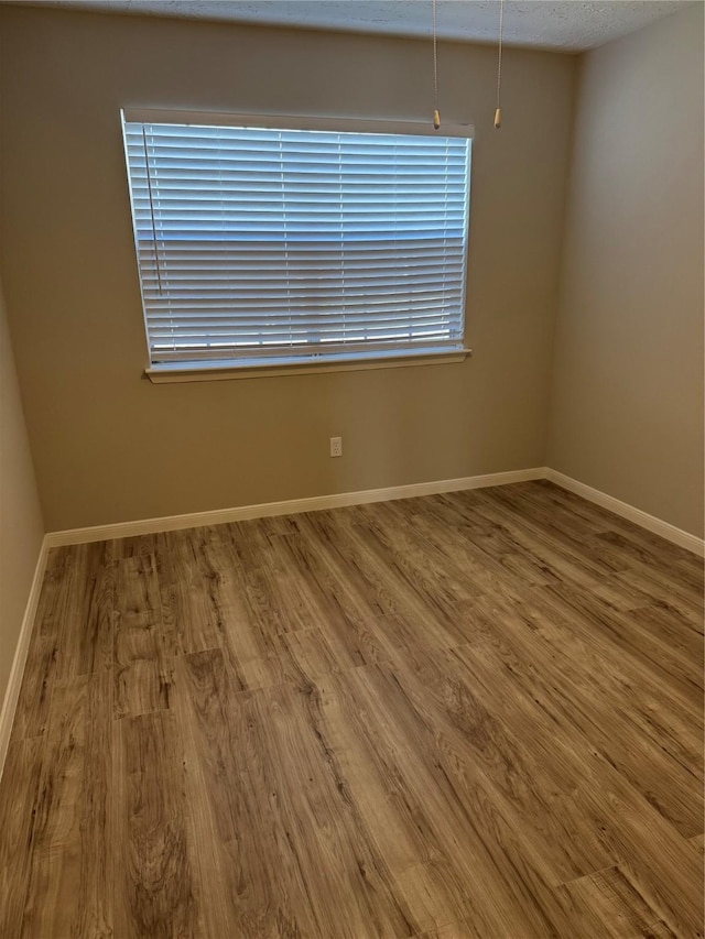 spare room featuring a textured ceiling, wood finished floors, a wealth of natural light, and baseboards