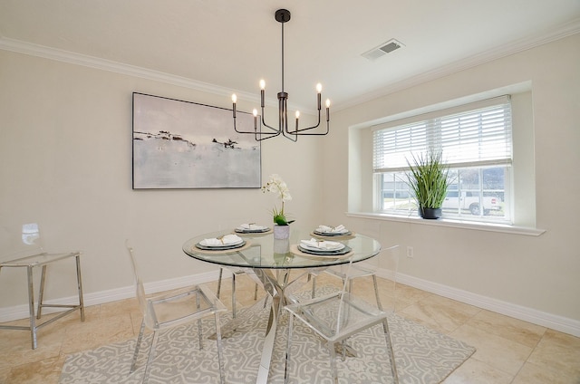 dining area featuring visible vents, crown molding, and baseboards