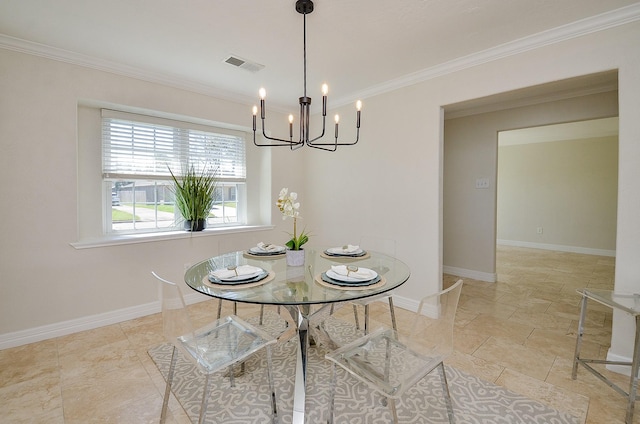 unfurnished dining area featuring a notable chandelier, visible vents, crown molding, and baseboards