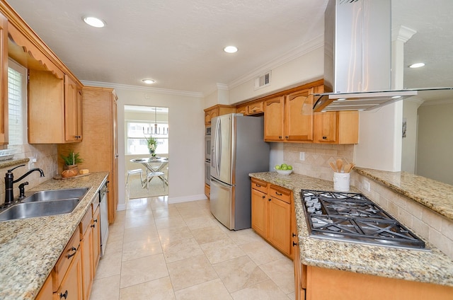 kitchen featuring ornamental molding, a sink, stainless steel appliances, island range hood, and light stone countertops