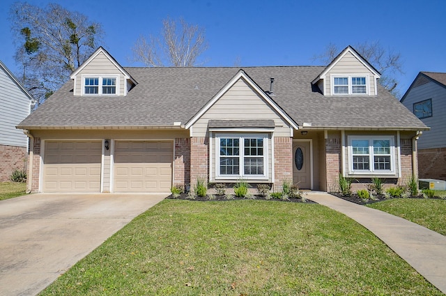 view of front of home featuring a front yard, brick siding, and roof with shingles