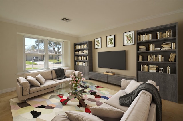 living room with baseboards, visible vents, and ornamental molding