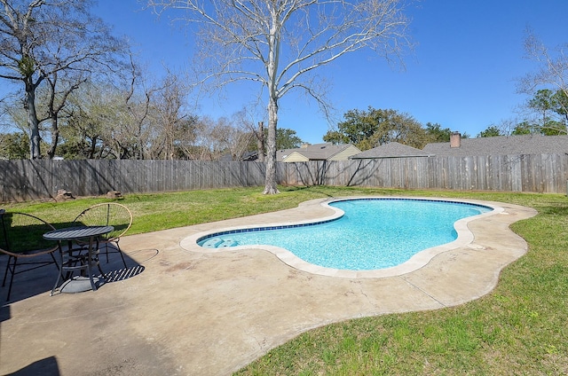 view of pool with a lawn, a patio, a fenced backyard, and a fenced in pool