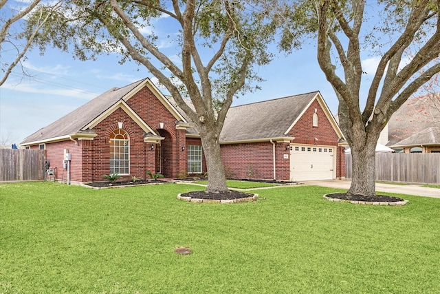 view of front facade featuring fence, concrete driveway, a front lawn, a garage, and brick siding