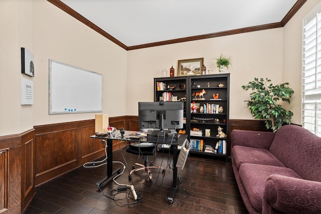 office area with dark wood-style floors, plenty of natural light, and wainscoting