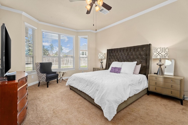 bedroom with baseboards, visible vents, ornamental molding, and carpet flooring