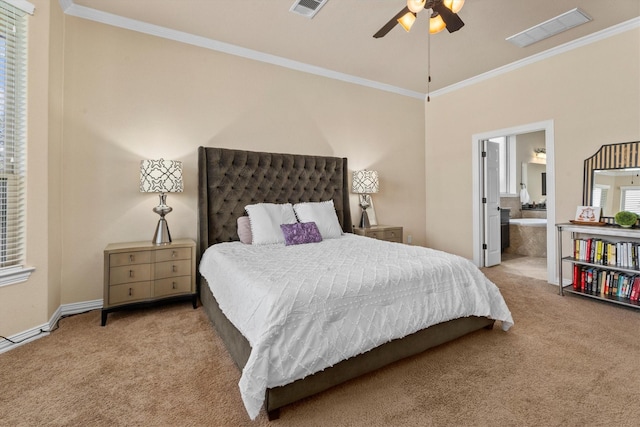 bedroom featuring carpet floors, visible vents, ornamental molding, and ensuite bathroom