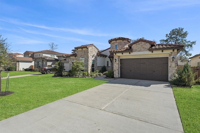 mediterranean / spanish-style home featuring concrete driveway, stone siding, a tile roof, an attached garage, and a front yard