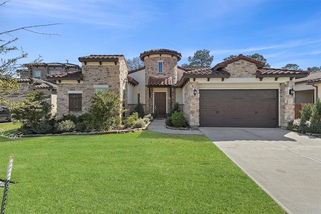 mediterranean / spanish-style house with an attached garage, a tile roof, stone siding, driveway, and a front lawn