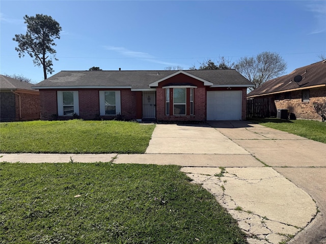 ranch-style house featuring driveway, an attached garage, a front lawn, and brick siding