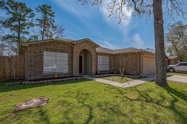 single story home featuring a garage, brick siding, fence, concrete driveway, and a front lawn