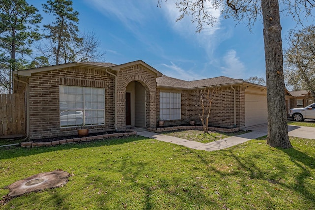 single story home with a garage, brick siding, fence, driveway, and a front lawn