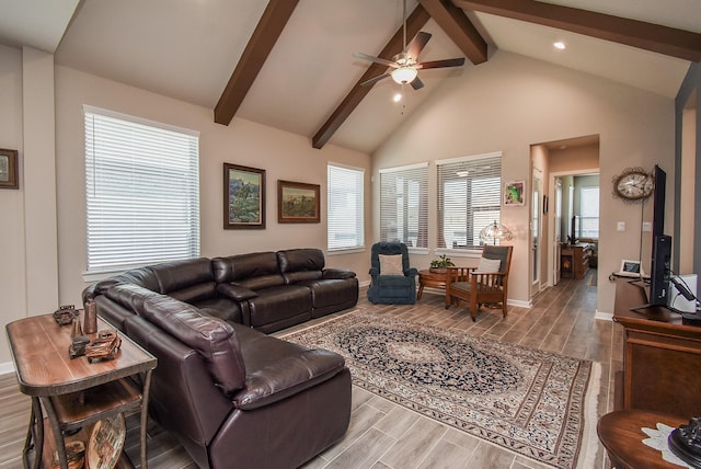 living room featuring beamed ceiling, a ceiling fan, high vaulted ceiling, and wood finish floors