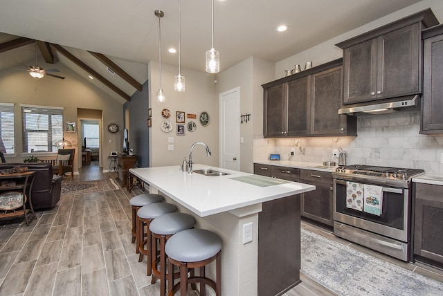 kitchen with gas stove, tasteful backsplash, under cabinet range hood, and a sink