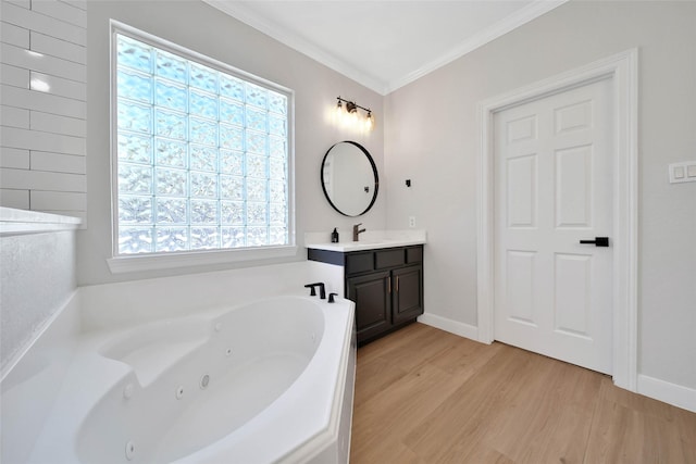 bathroom with crown molding, vanity, wood finished floors, a jetted tub, and baseboards