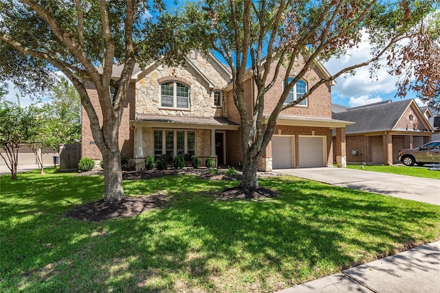 view of front of property with brick siding, a front yard, a garage, stone siding, and driveway