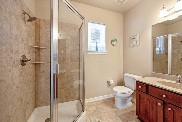 full bathroom with a stall shower, visible vents, baseboards, toilet, and vanity