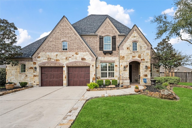 french provincial home with a shingled roof, concrete driveway, fence, a front lawn, and brick siding