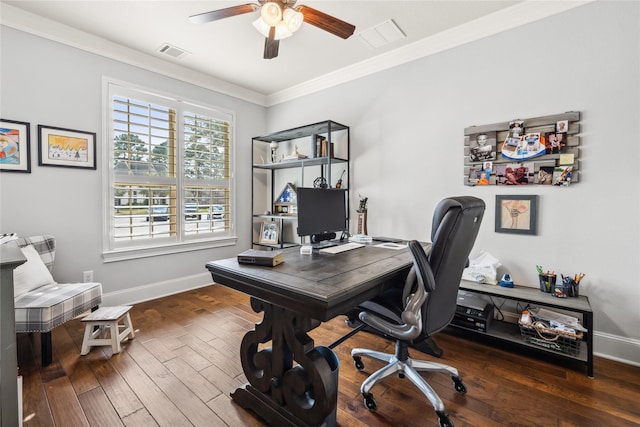 office area featuring baseboards, visible vents, wood finished floors, and ornamental molding