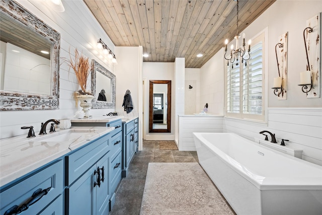 full bath featuring a wainscoted wall, wood ceiling, a tile shower, a freestanding bath, and vanity