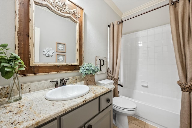 full bathroom featuring tile patterned flooring, toilet, vanity, shower / bath combo with shower curtain, and crown molding