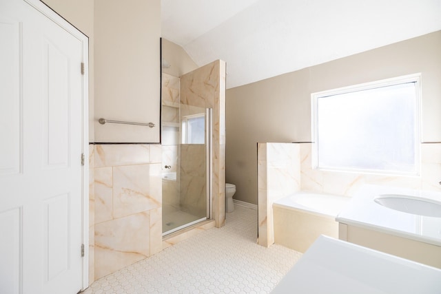 full bath with a marble finish shower, toilet, vaulted ceiling, vanity, and a bath