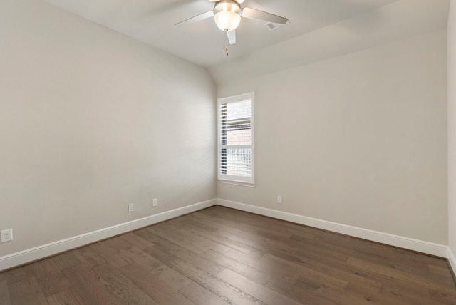 unfurnished room featuring ceiling fan, lofted ceiling, baseboards, and wood finished floors