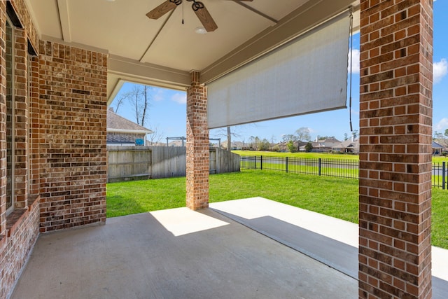 view of patio / terrace featuring a fenced backyard and ceiling fan