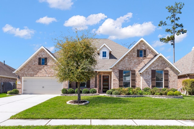 view of front facade with roof with shingles, an attached garage, concrete driveway, a front lawn, and brick siding