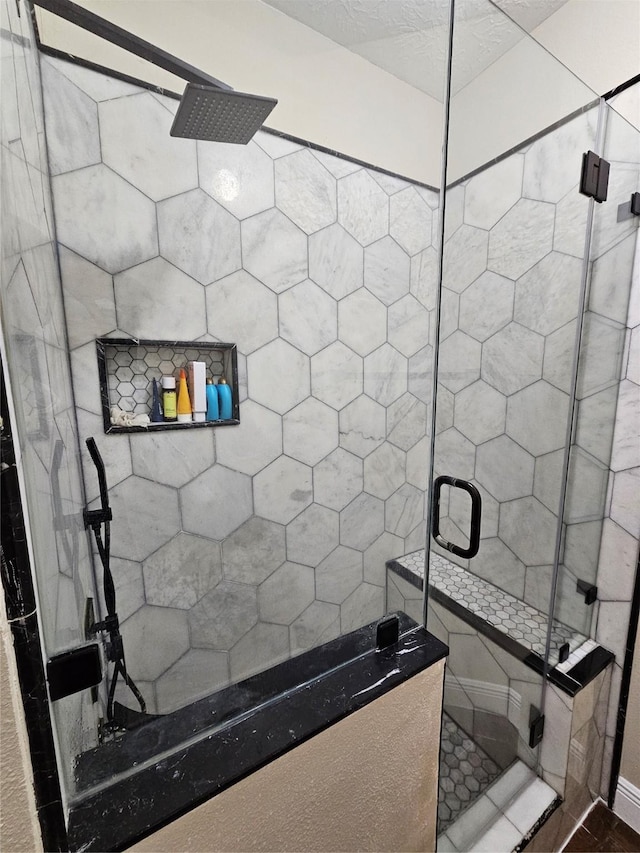 interior space with a stall shower