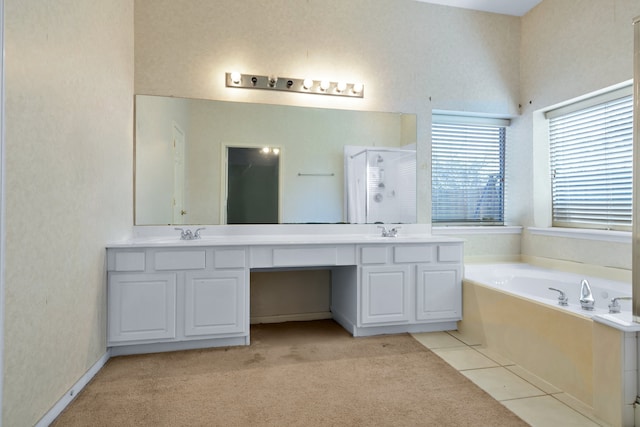 full bathroom with a sink, double vanity, carpet floors, and a garden tub