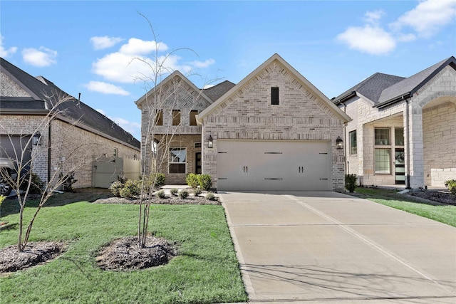 french country home featuring driveway, brick siding, an attached garage, and a front yard