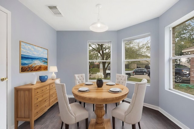 dining room with baseboards, visible vents, and dark wood-style flooring