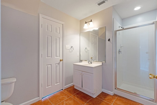 bathroom featuring tile patterned flooring, visible vents, a shower stall, and toilet