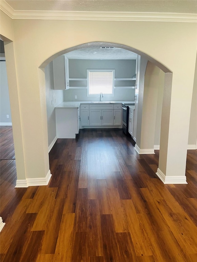 interior space with arched walkways, crown molding, stainless steel range with electric cooktop, open shelves, and a sink