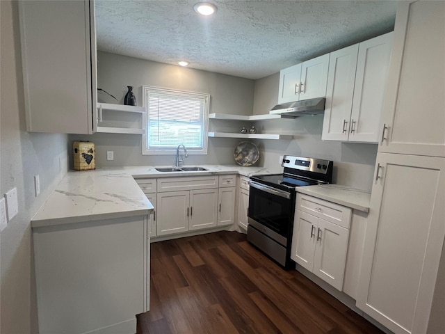 kitchen with under cabinet range hood, electric range, open shelves, and a sink