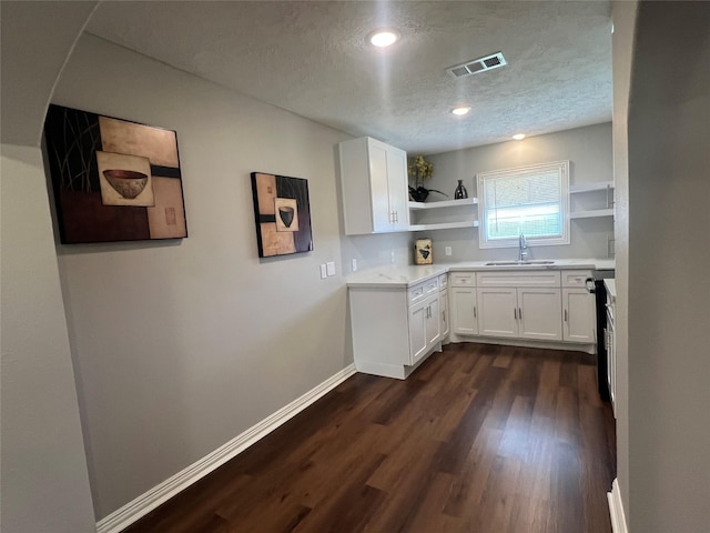 kitchen featuring dark wood-style floors, open shelves, visible vents, a sink, and a textured ceiling