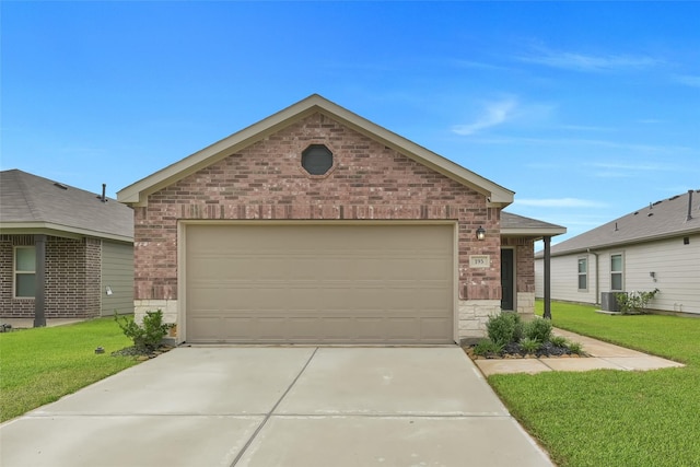 single story home with a garage, central AC, brick siding, concrete driveway, and a front lawn