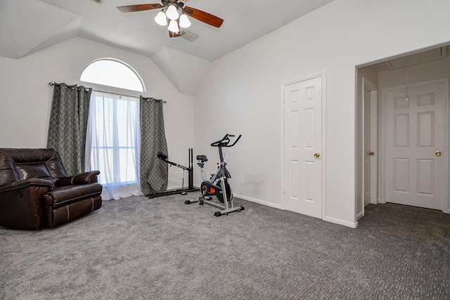 workout room with visible vents, attic access, carpet, and lofted ceiling