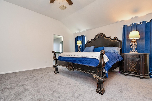 bedroom featuring visible vents, baseboards, carpet flooring, lofted ceiling, and ceiling fan