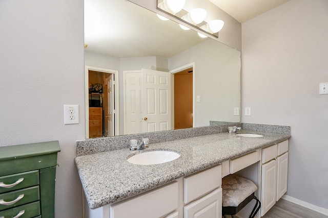 bathroom with a sink, baseboards, wood finished floors, and double vanity