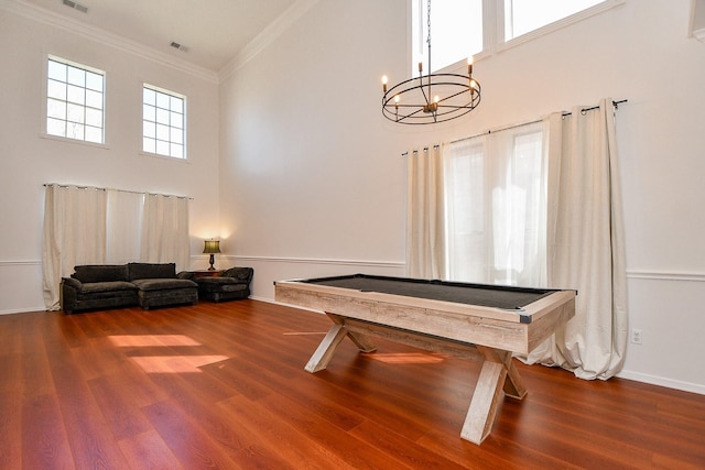 rec room with pool table, wood finished floors, and crown molding