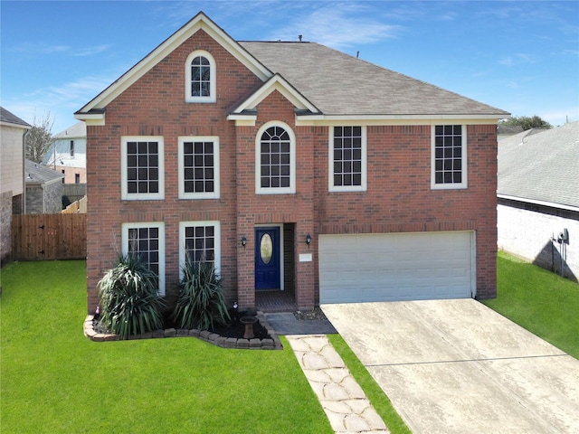 colonial inspired home featuring driveway, brick siding, a front lawn, and fence