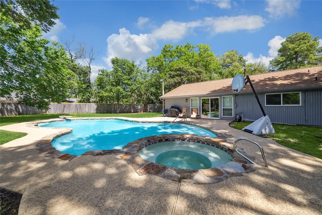 view of swimming pool with a patio, a fenced backyard, an in ground hot tub, a diving board, and a fenced in pool