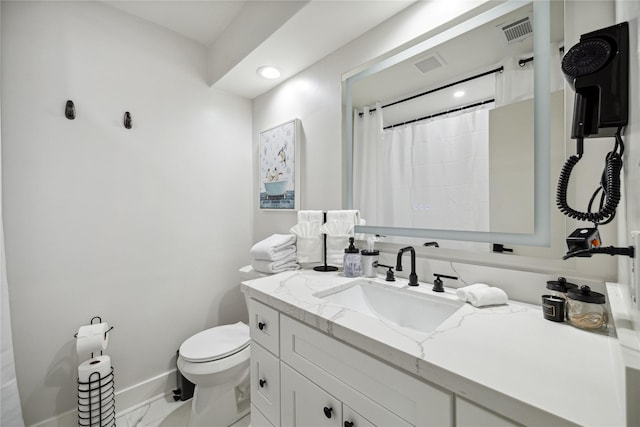 bathroom featuring marble finish floor, visible vents, toilet, vanity, and baseboards